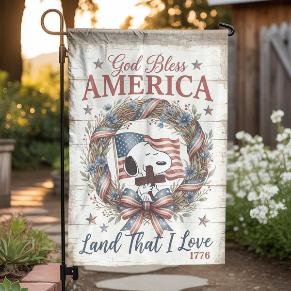 God Bless America Garden Flag | Patriotic Snoopy with Cross & US Flag | Premium Weather-Resistant Polyester | Memorial Day & 