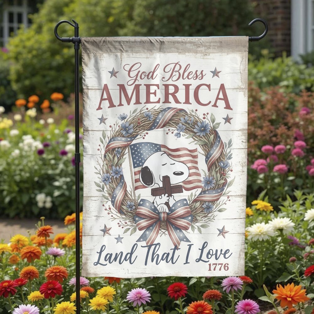 God Bless America Garden Flag | Patriotic Snoopy with Cross & US Flag | Premium Weather-Resistant Polyester | Memorial Day & 