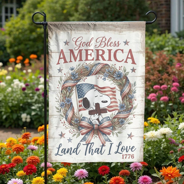 God Bless America Garden Flag | Patriotic Snoopy with Cross & US Flag | Premium Weather-Resistant Polyester | Memorial Day & 
